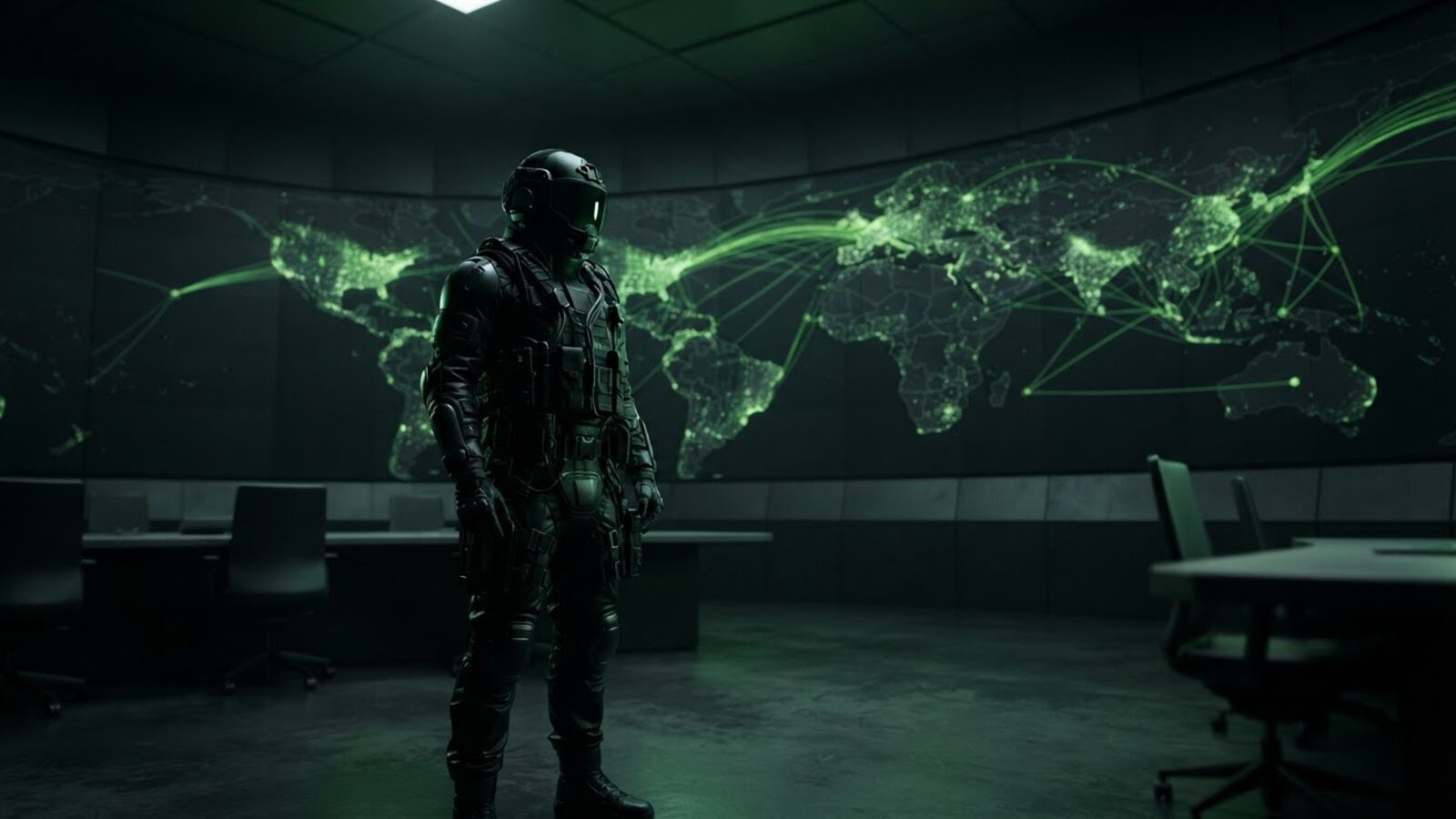 Modern Warfare 4 matchmaking explained - tactical operator monitoring a live matchmaking network map in a command center